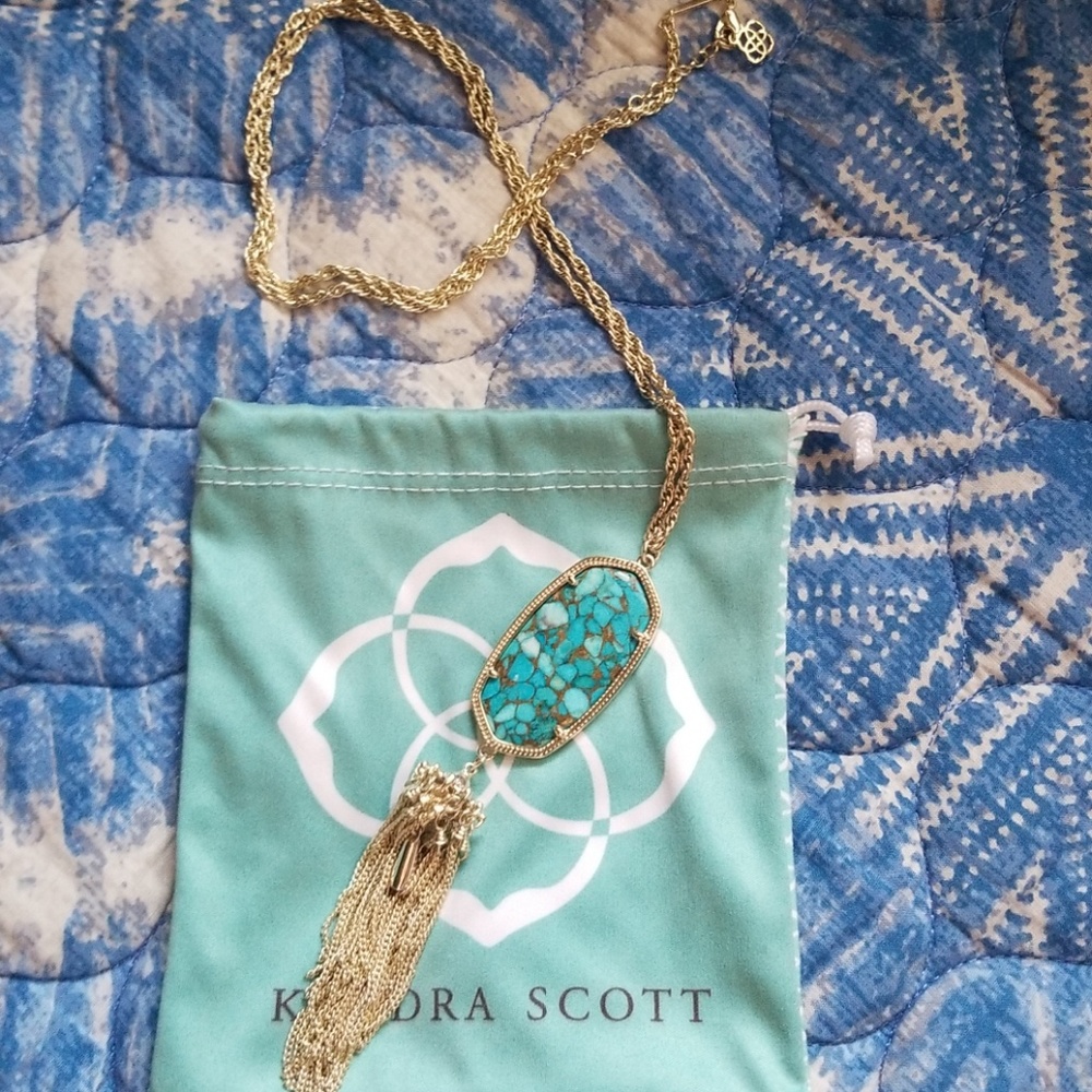 Kendra Scott Veined Turquoise Rayne Necklace Gold Toned Hardware